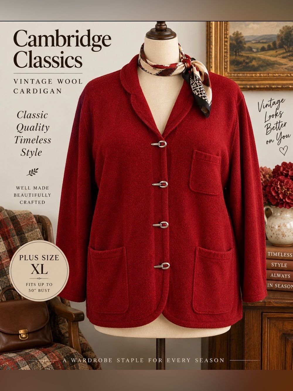 *Vintage Cambridge Classics, wool cardigan sweater with metal closures, pockets